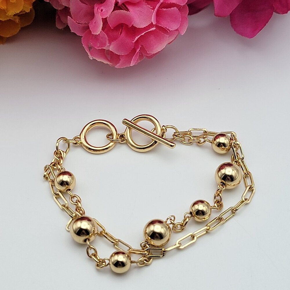 Gold Plated Double Chain Toggle Bracelet 8"-9" Adj. Ball Bead And Oval Link